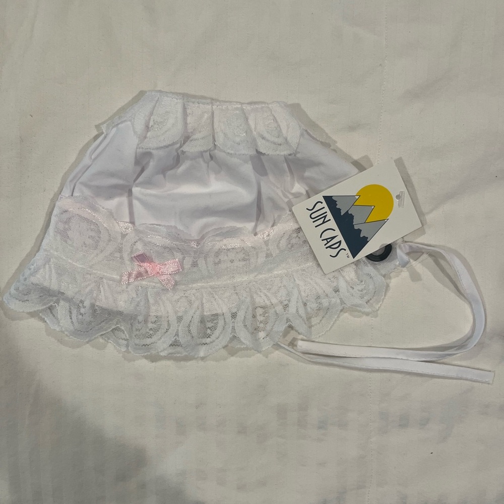 White Lace Baby Bonnet with Pink Bow